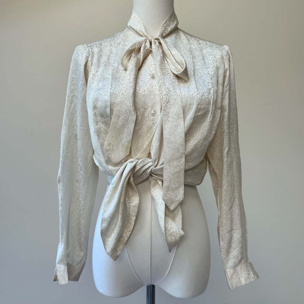 Vintage Cream Paisley Bow Tie Neck Shimmery Button Up Blouse